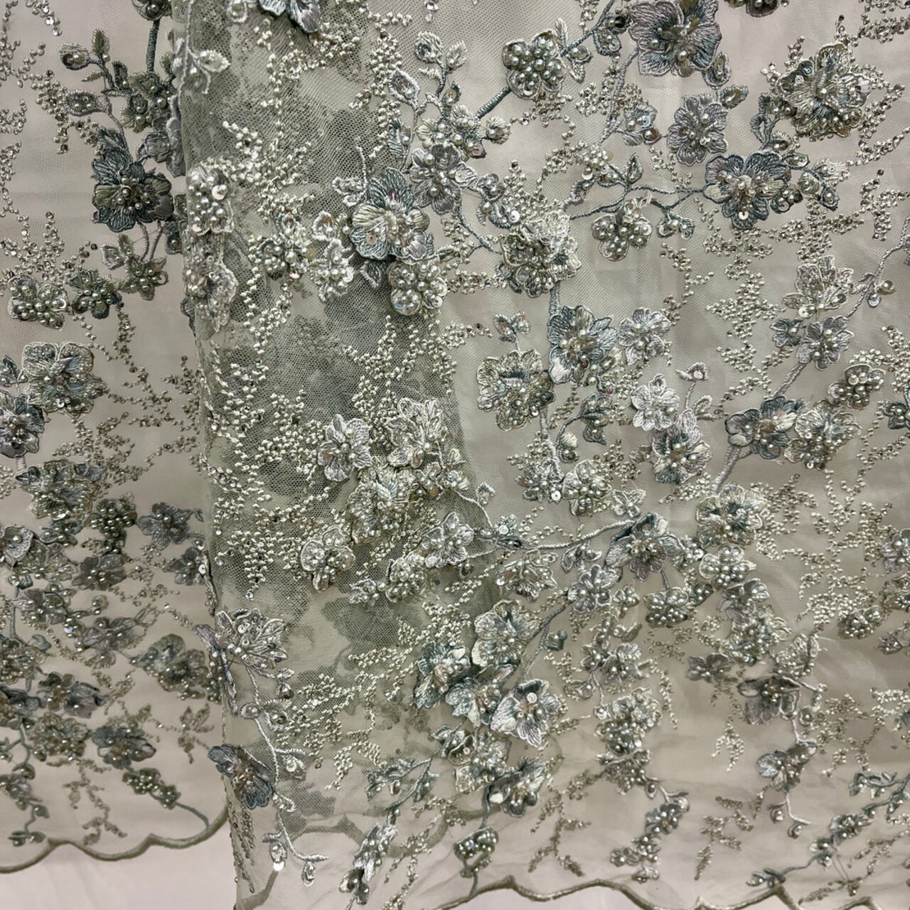 1 Yard Beaded 3D Floral Multitone Lace Fabric on 100% Polyester Net Mesh, Premium Embroidered Lace Fabric, 54" Width